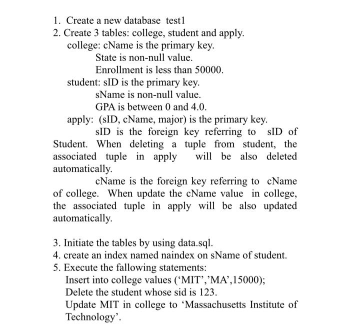 Solved 1. Create a new database test1 2. Create 3 tables: | Chegg.com