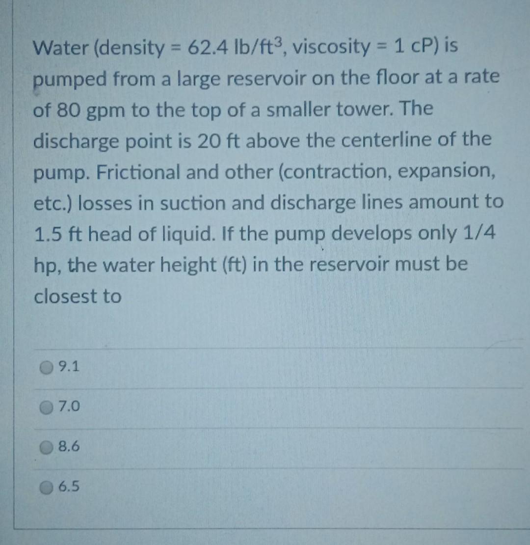 Solved Water (density = 62.4 lb/ft3, viscosity = 1 cP) is