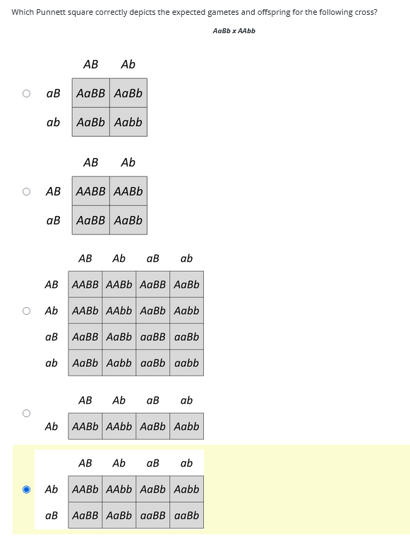 Solved Which Punnett square correctly depicts the expected | Chegg.com