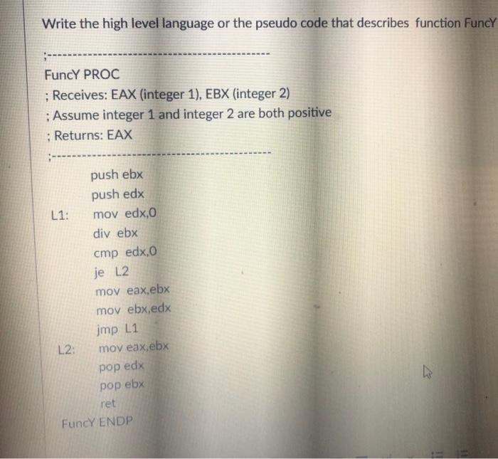 Solved Write the high level language or the pseudo code that | Chegg.com