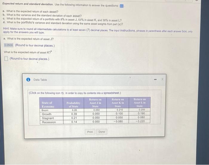 Solved Expected Return And Standard Deviation. Use The | Chegg.com