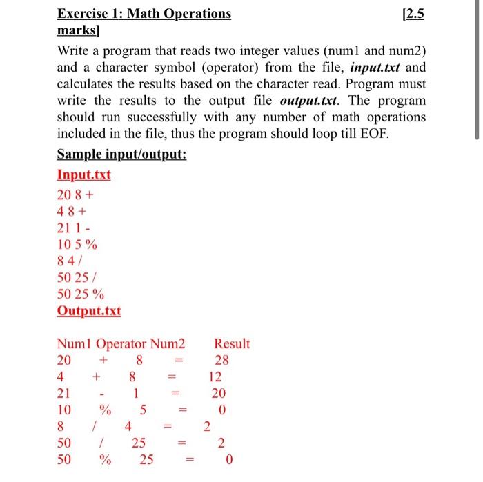 Solved Exercise 1: Math Operations [2.5 marks) Write a | Chegg.com