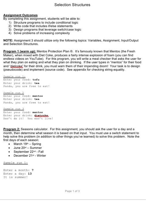Solved Selection Structures Assignment Outcomes By | Chegg.com