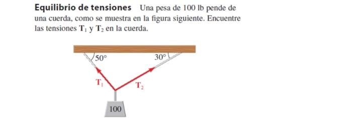 Equilibrio de tensiones Una pesa de \( 100 \mathrm{lb} \) pende de una cuerda, como se muestra en la figura siguiente. Encuen