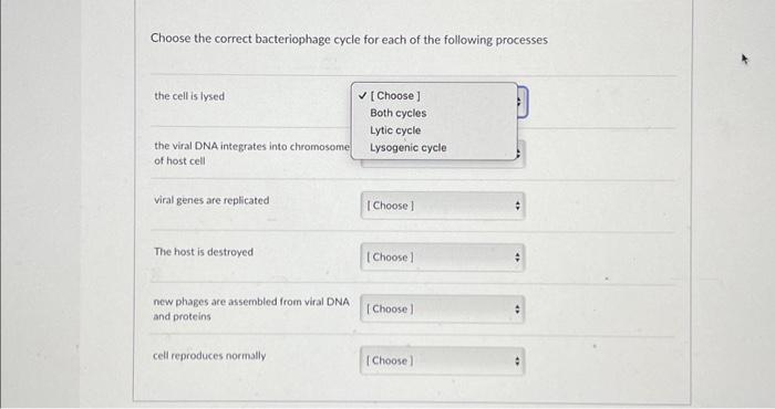 Solved Choose the correct bacteriophage cycle for each of | Chegg.com