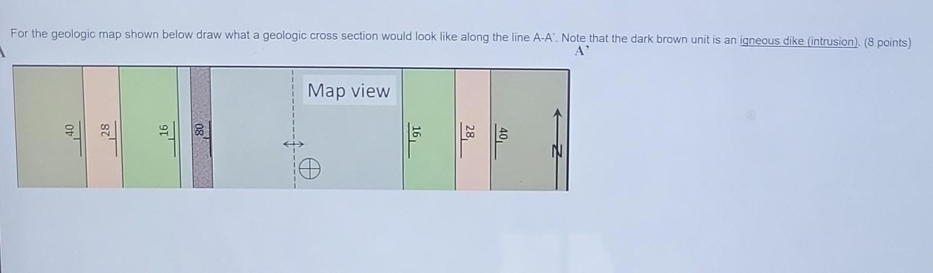 For the geologic map shown below draw what a geologic cross section would look like along the line A-A. Note that the dark b