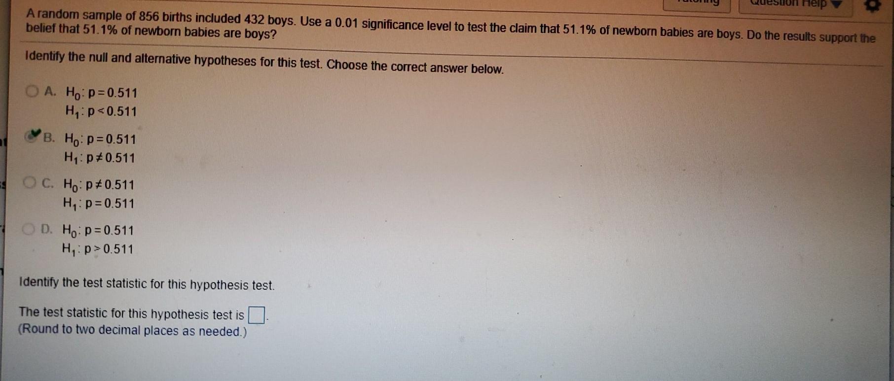 Solved reip A random sample of 856 births included 432 boys. | Chegg.com