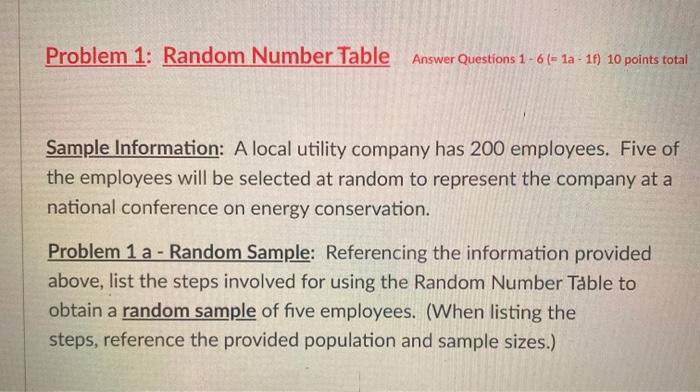 Problem 1: Random Number Table Answer Questions 1 -6 | Chegg.com