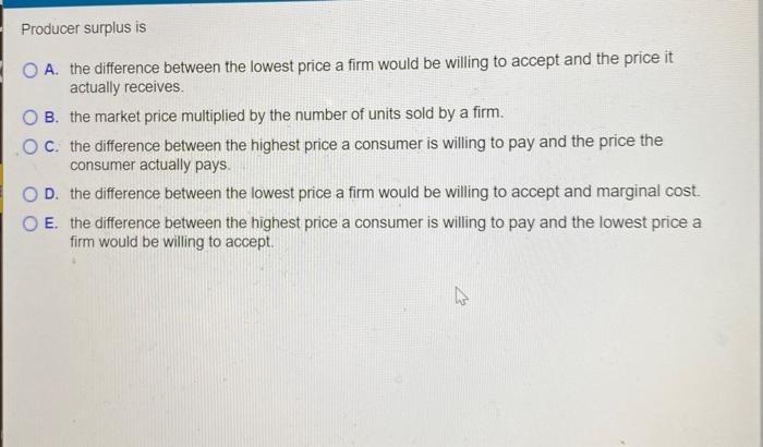 Solved Producer surplus is O A. the difference between the | Chegg.com
