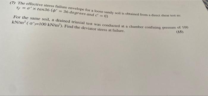 Solved (7) The effective stress failure envelope for a loose | Chegg.com