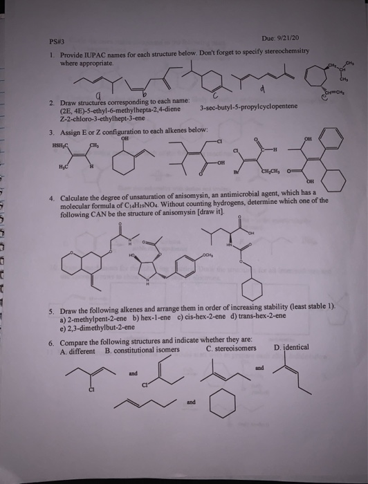 Ps 3 Due 9 21 1 Provide Iupac Names For Each Chegg Com