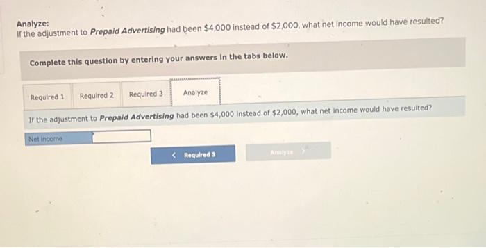 Analyze:
If the adjustment to Prepaid Advertising had been \( \$ 4,000 \) instead of \( \$ 2,000 \), what net income would ha