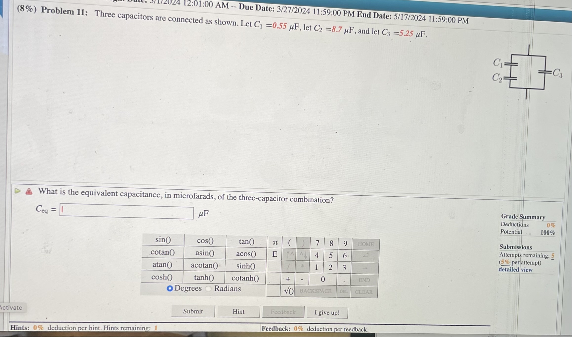 Solved Three capacitors are connected as shown. Let C1 =0.55 | Chegg.com