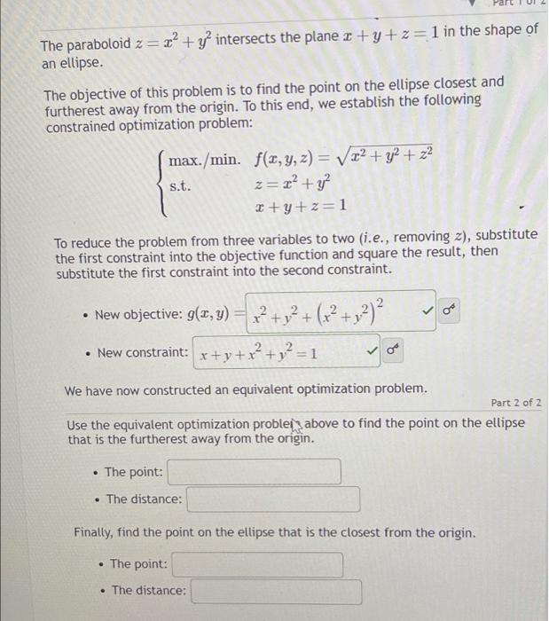 Solved The Paraboloid Zx2y2 Intersects The Plane Xyz1 9632