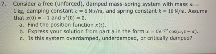 Solved 7. Consider a free (unforced), damped mass-spring | Chegg.com