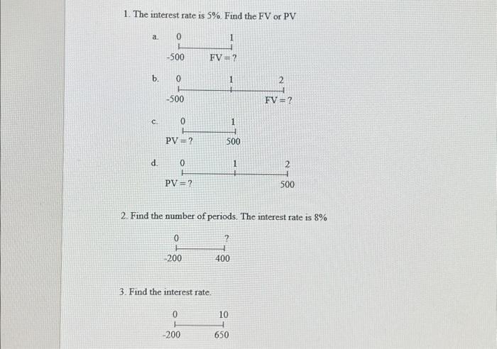 Solved 1. The interest rate is 5%. Find the FV or PV 2. Find | Chegg.com