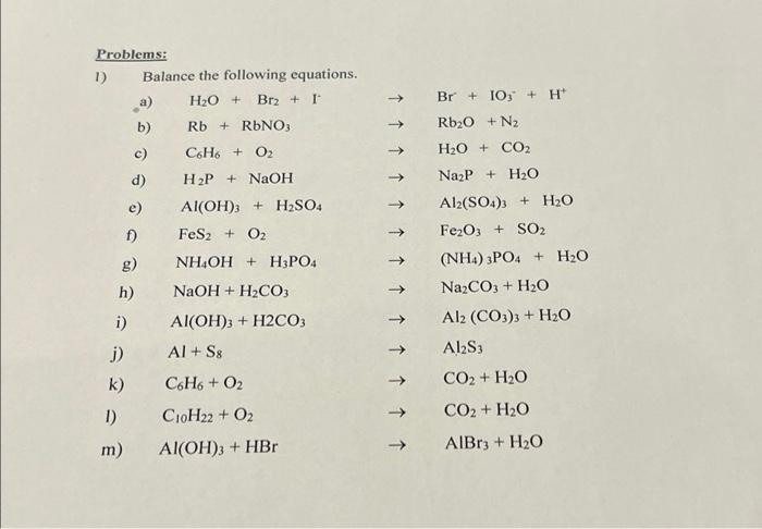 Solved 1) Balance The Following Equations. A) 