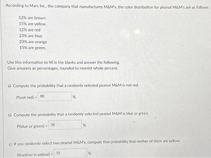 Solved M&M color Distribution According to Mars Company