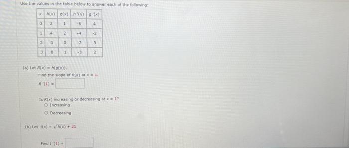 Solved Use the values in the table below to answer each of | Chegg.com