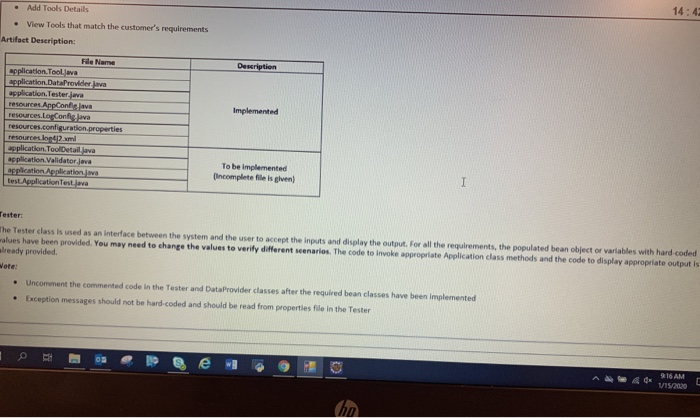 • Add Tools Details • View Tools that match the customers requirements rtifact Description: Description Implemented File Nam