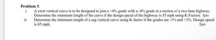 Solved Problem 3: i. A crest vertical curve is to be | Chegg.com