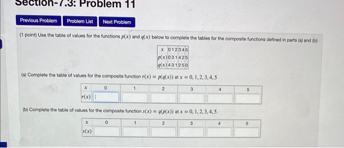 Solved (1 point) Use the table of values for the functions | Chegg.com