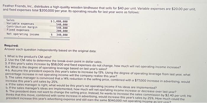 [Solved]: Feather Friends, Inc, distributes a high-quality