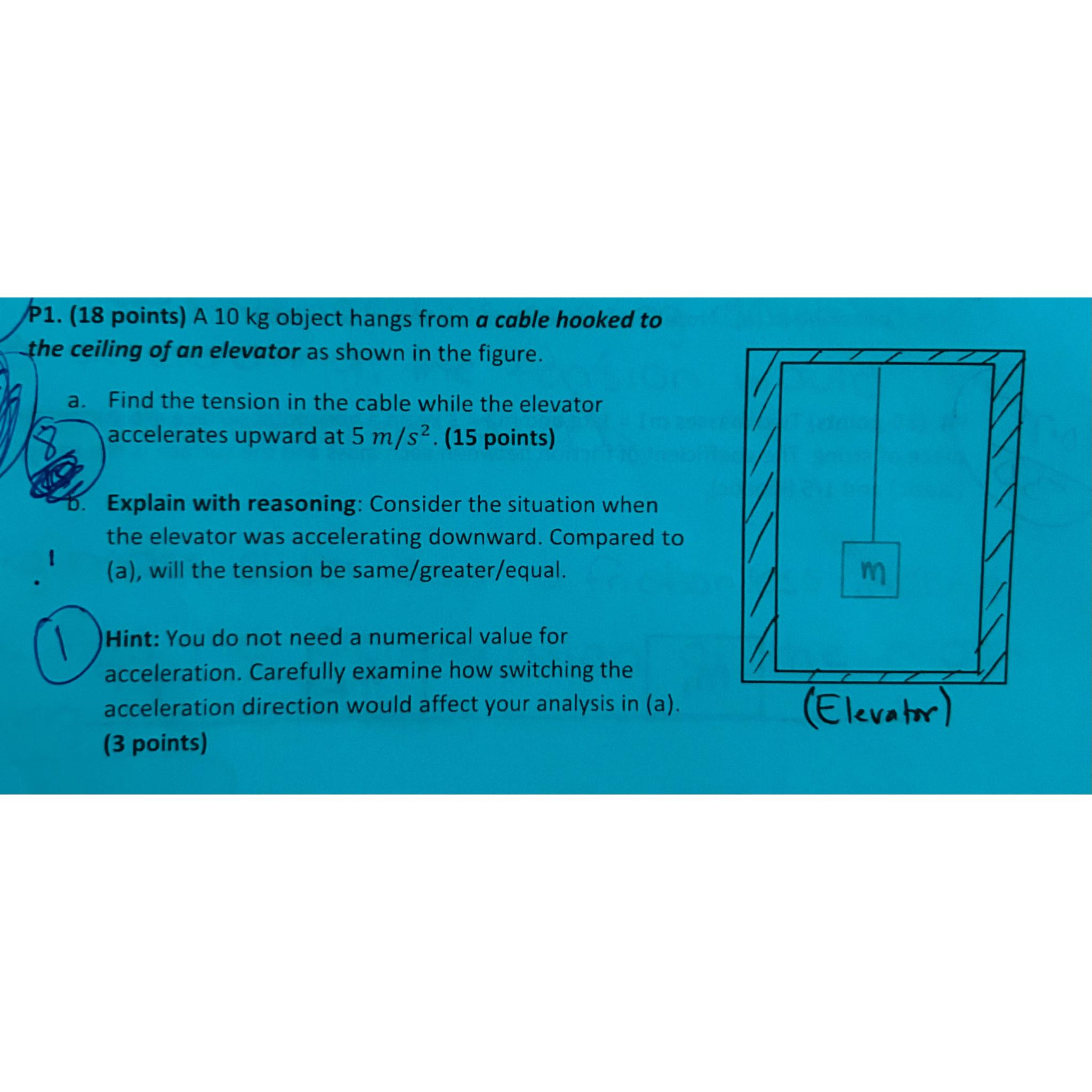 Solved P1. (18 ﻿points) ﻿A 10kg ﻿object hangs from a cable | Chegg.com