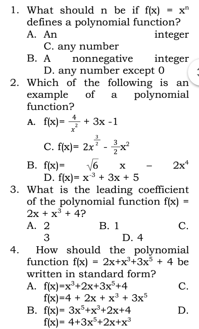 Solved 1 What Should N Be If F X Defines A Polynomia Chegg Com