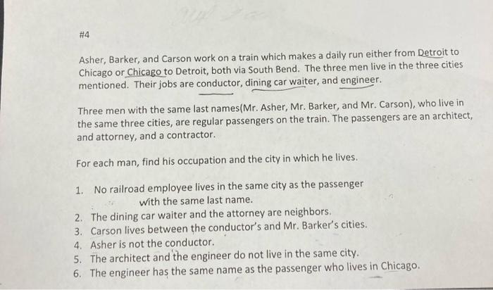 Solved 4 Asher Barker and Carson work on a train which Chegg