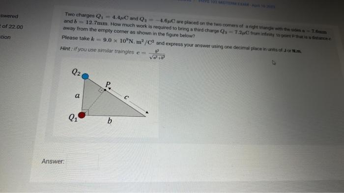 Solved Two Charges Q144μc And Q2−46μc Are Pliced On The 0566