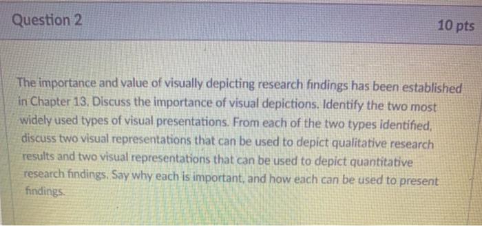 Question 2 10 pts The importance and value of visually depicting research findings has been established in Chapter 13. Discus