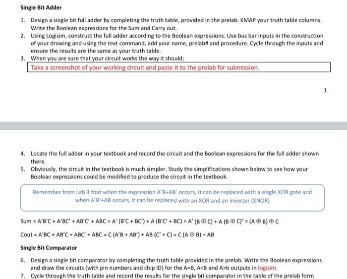 Solved Single Bit Adder 1. Design a single bit full adder by | Chegg.com