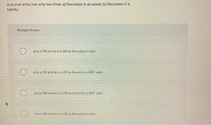 Solved A journal entry has only two lines: a)Decrease in an | Chegg.com