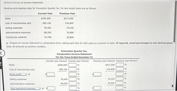 Solved Vertical Analysis of Income Statement Revenue and | Chegg.com
