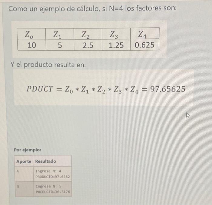 Como un ejemplo de cálculo, si \( \mathrm{N}=4 \) los factores son: Y el producto resulta en: \[ P D U C T=Z_{0} * Z_{1} * Z_