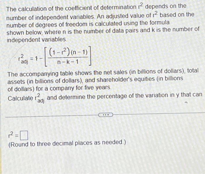 Solved The calculation of the coefficient of determination | Chegg.com