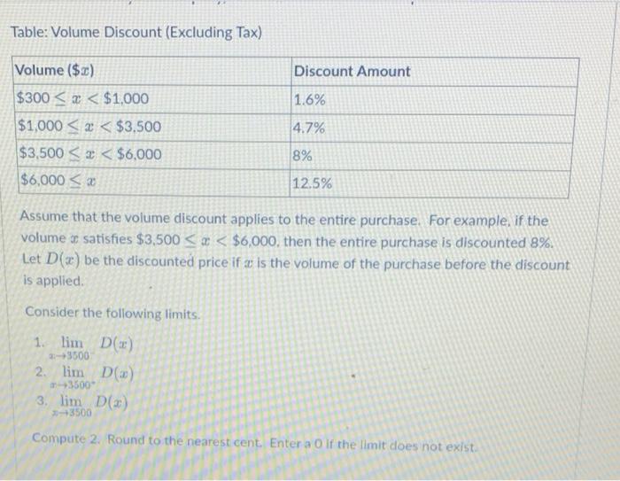 Solved Table Volume Discount (Excluding Tax) Assume that