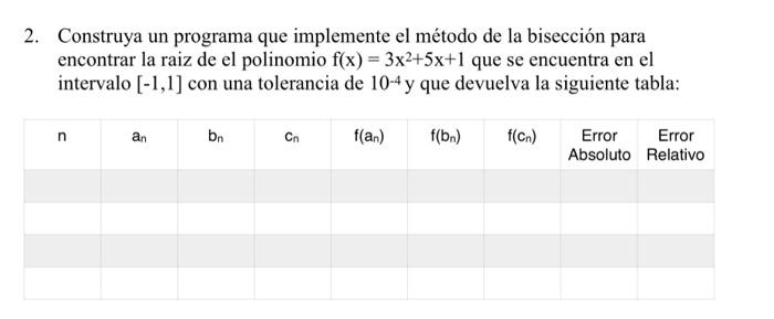 Construya un programa que implemente el método de la bisección para encontrar la raiz de el polinomio \( f(x)=3 x^{2}+5 x+1 \