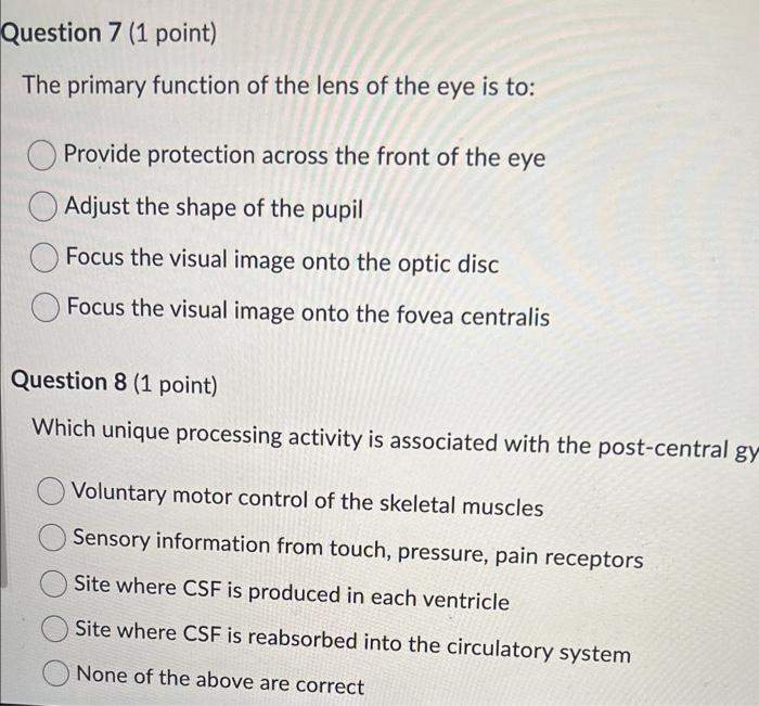 Solved The primary function of the lens of the eye is to: | Chegg.com