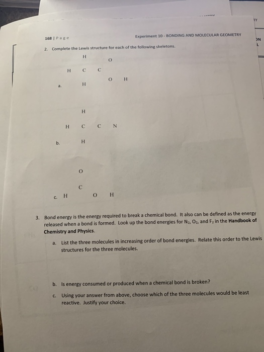 Solved RY 168 Page Experiment 10-BONDING AND MOLECULAR | Chegg.com