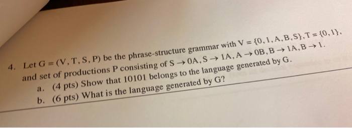 Solved 4 Let G V T S P Phrase Structure Grammar V 0 1 B S T 0 1 Set Productions P Consisting S Oa Q