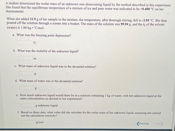 Solved A student determined the molar mass of an unknown | Chegg.com