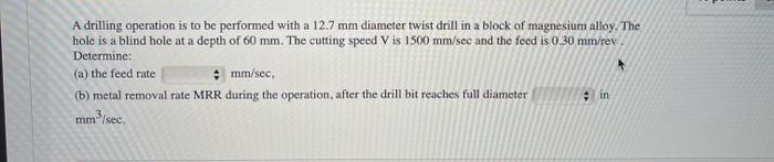 Solved A drilling operation is to be performed with a 12.7 | Chegg.com