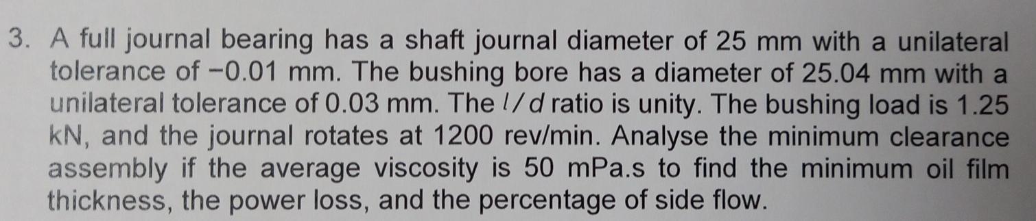 Solved 3. A full journal bearing has a shaft journal | Chegg.com