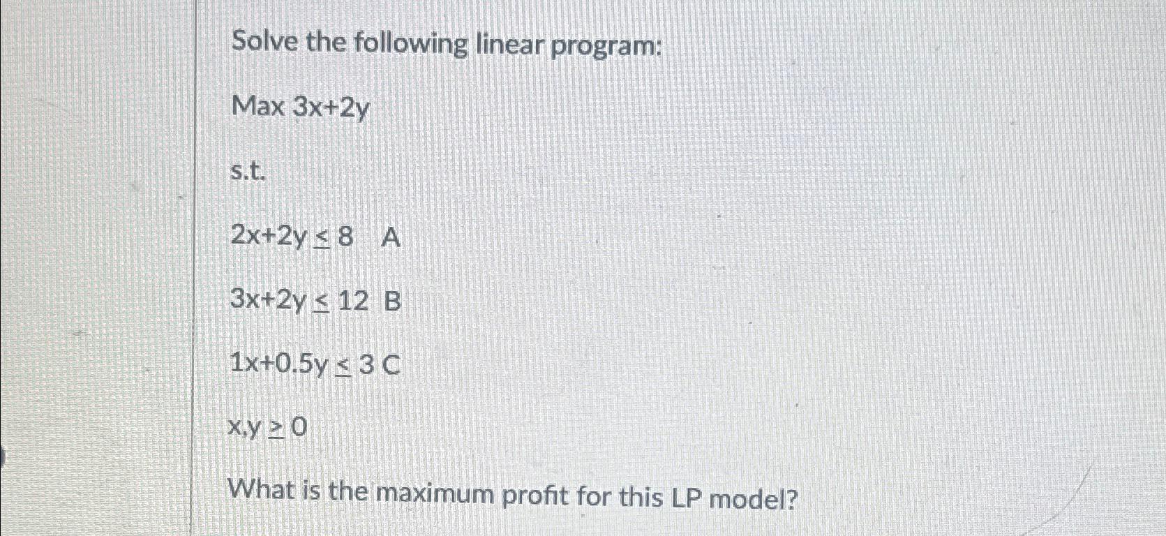 Solved Solve The Following Linear Program ﻿max 3x2y ﻿st 9563