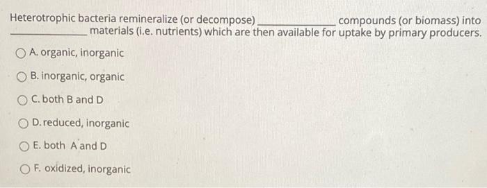 Solved Heterotrophic bacteria remineralize (or decompose). | Chegg.com