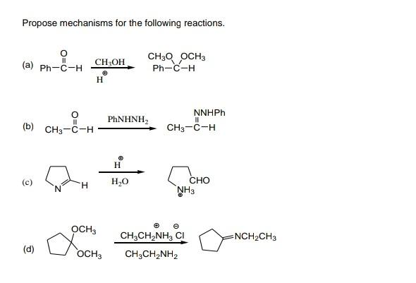 Propose mechanisms for the following reactions.
O
11
(a) Ph-C-H
O
||
(b) CH3-C-H
O
(d)
CH3OH
@
H
OCH3
?????
CH3Q OCH3
Ph—C-H
