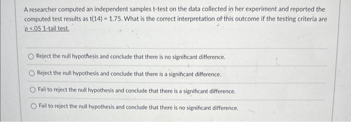 Solved A Researcher Computed An Independent Samples T-test | Chegg.com