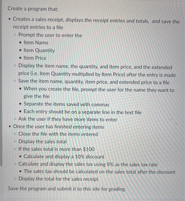 Solved Create a program that: - Creates a sales receipt, | Chegg.com